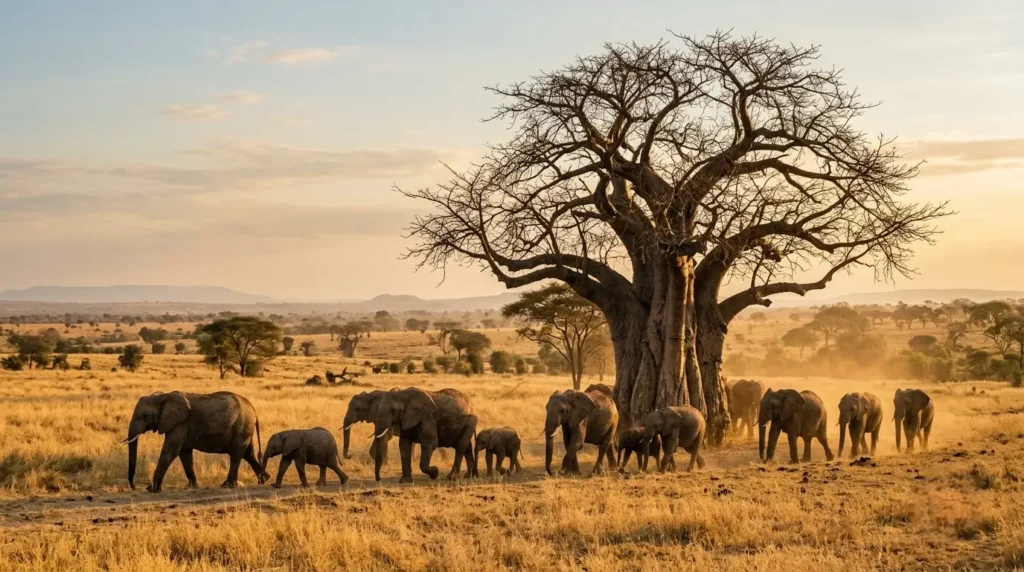 Elephant herd walking beneath a baobab tree in Tarangire National Park