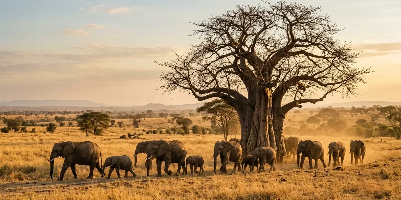 Elephant herd walking beneath a baobab tree in Tarangire National Park