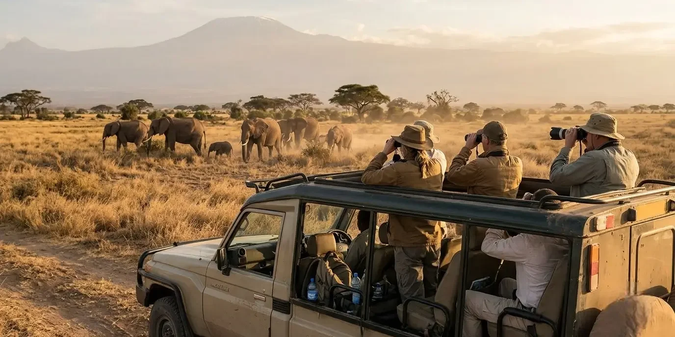 Small group of travellers in an open safari vehicle watching elephants in Amboseli