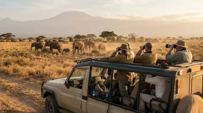 featured image-Photoroom Small group of travellers in an open safari vehicle watching elephants in Amboseli