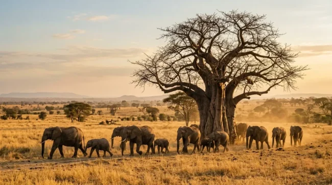 featured image-Photoroom Elephant herd walking beneath a baobab tree in Tarangire National Park